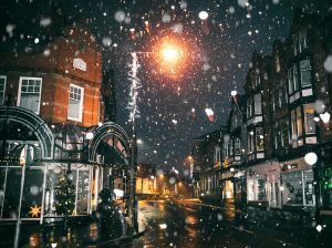 Snowy city street on Christmas